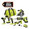 RYOBI ONE+ 18V Cordless 6-Tool Combo Kit with 1.5 Ah Battery, 4.0 Ah Battery, and Charger